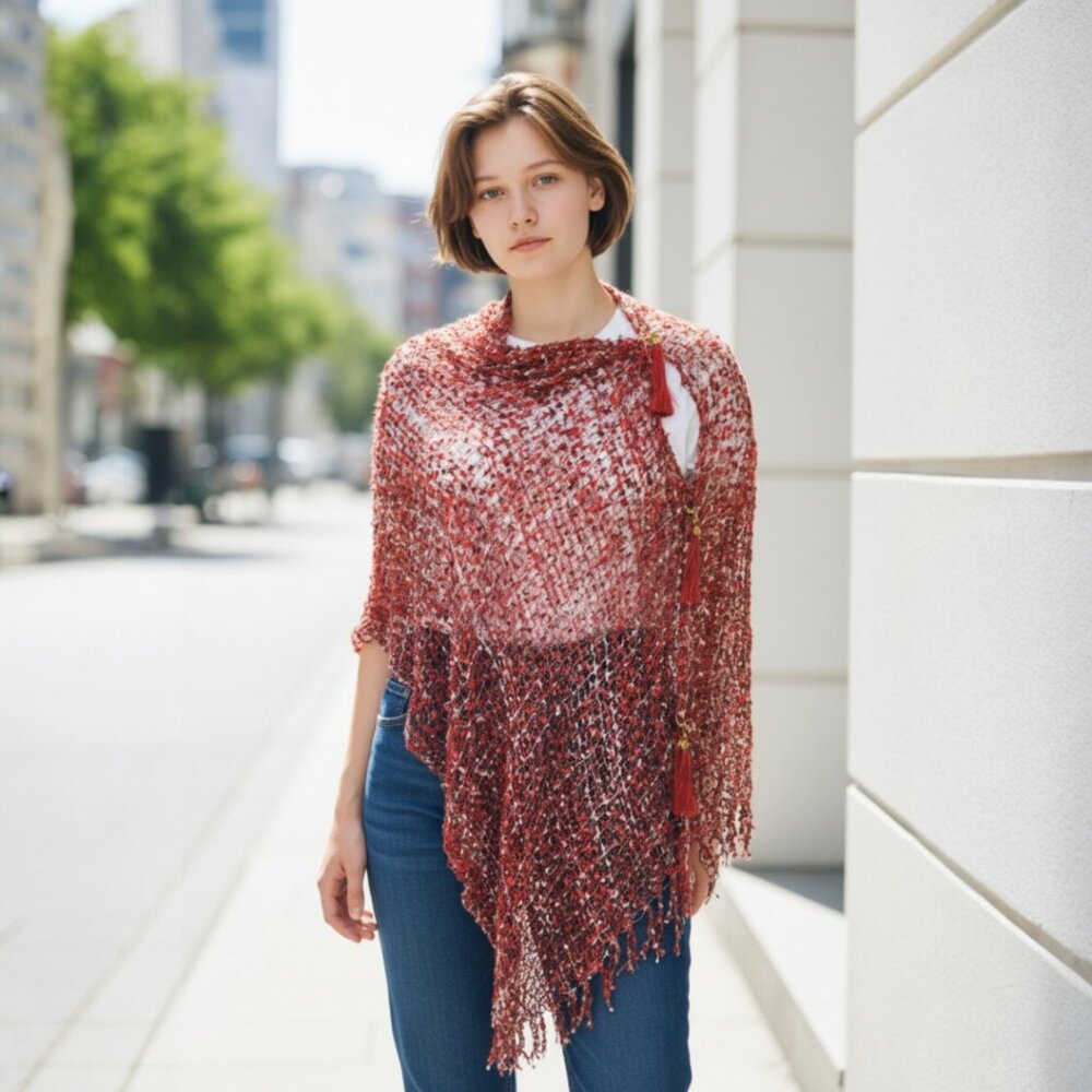 Burgundy Brown Red White Poncho Vest Scarf Adjustable Tass…